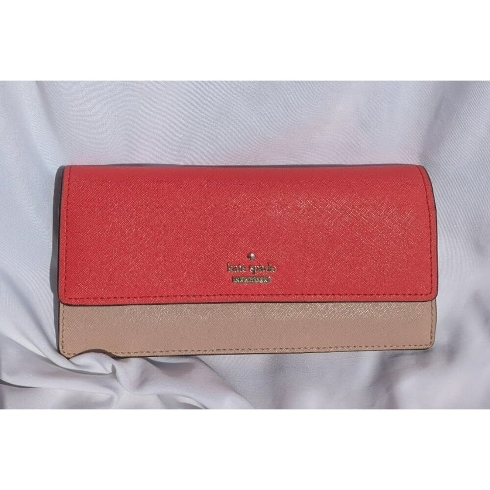 Kate Spade Slim Bifold Envelope Style Wallet Clutch Red/Orange? Beige Gold